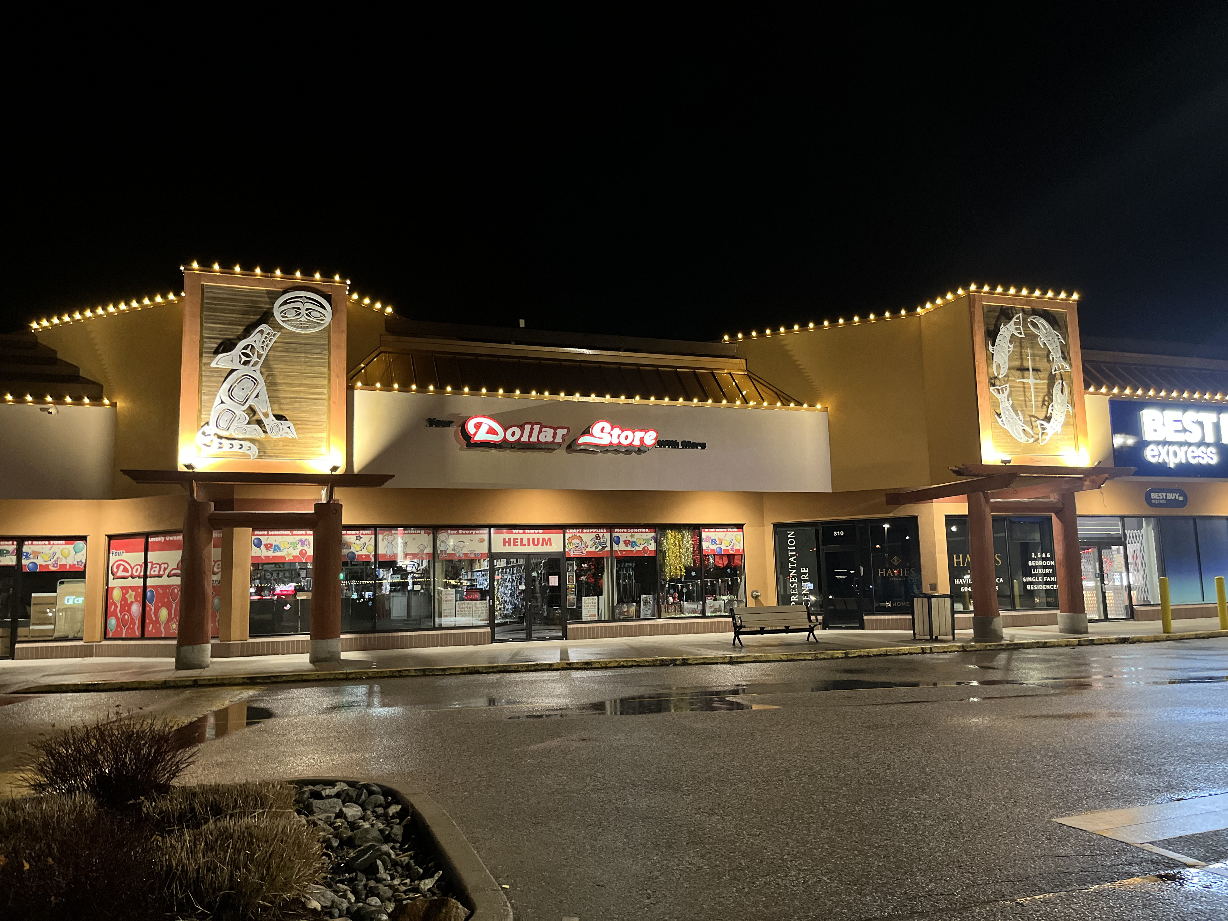Commercial Christmas light installation Dollar Store plaza Sunshine Coast BC